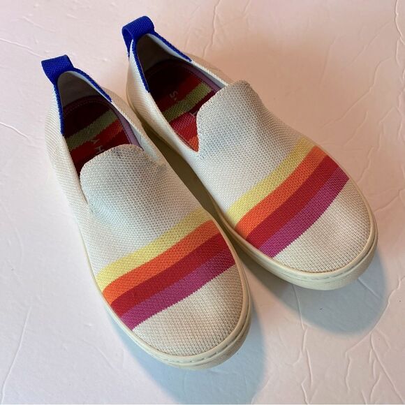 Rothy's Pink Candy Stripe white rainbow slip on sneaker shoes flats round kids 3 - Picture 5 of 12